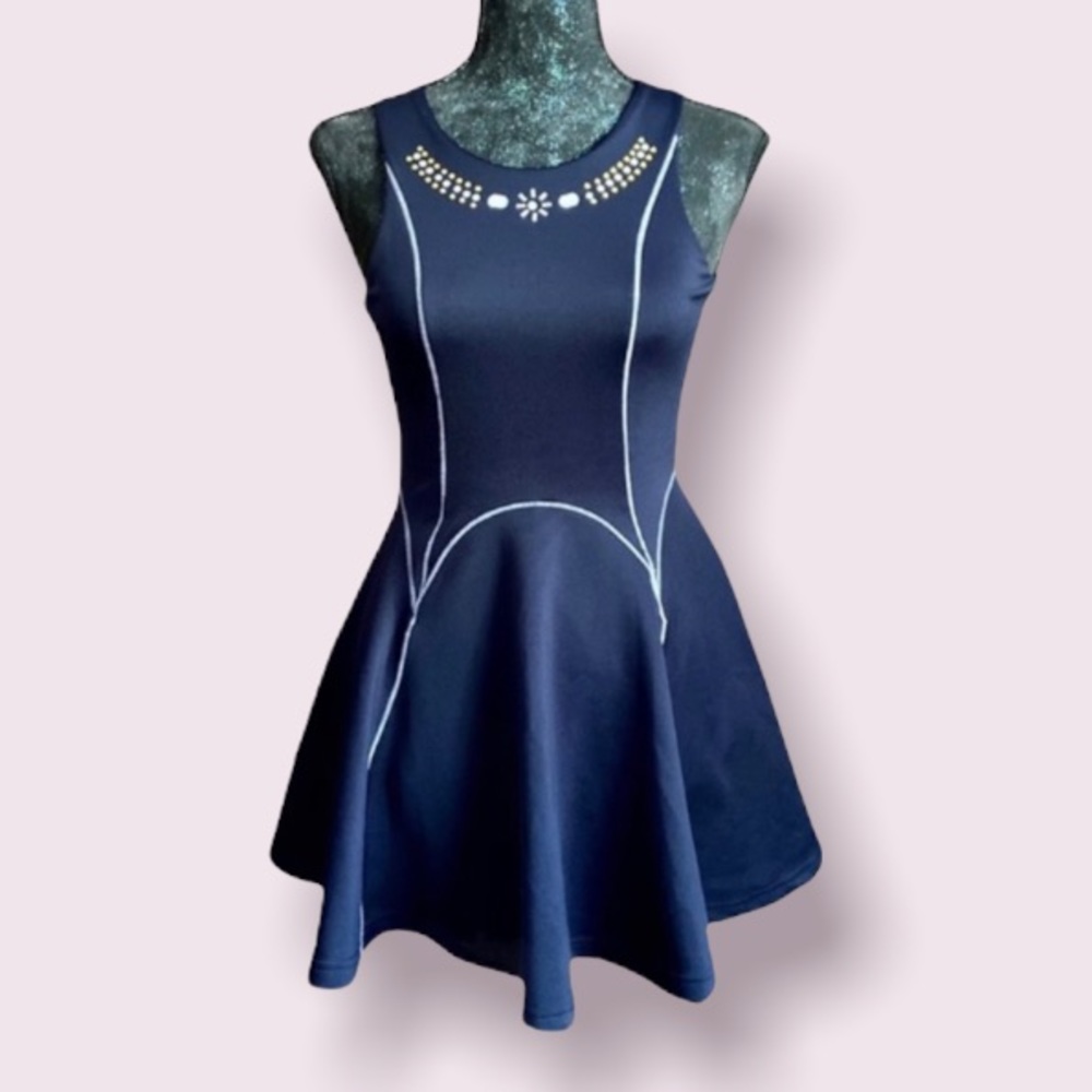 Poof Girl Navy Fit & Flare Dress with Crystal Embellishments